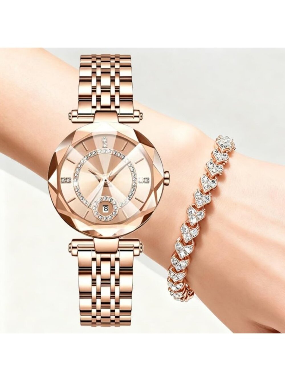 Women's Rose Gold Rhinestone Bracelet Creative Stainless Steel Strap Wristwatch - Picture 2 of 5
